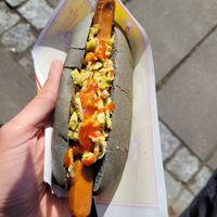 Vegan Eldfjalla Psyla (Vegan Volcanic Hot Dog with jalapeños) at Akureyri Hot Dog Stand in Akureyri
