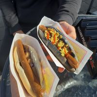 Vegan hot dog and vegan volcano hot dog (very spicy) at Akureyri Hot Dog Stand in Akureyri