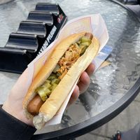 vegan hot dog with pickled cucumber  at Akureyri Hot Dog Stand in Akureyri