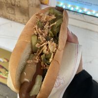 Hot Dog with pickled cucumber for the 1000kr at Akureyri Hot Dog Stand in Akureyri
