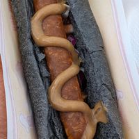 Black dog at Akureyri Hot Dog Stand in Akureyri