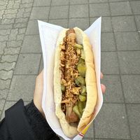 vegan hotdog with pickled cucumberrs  at Akureyri Hot Dog Stand in Akureyri