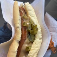 Vegan hot dog with cucumbers and onions  at Akureyri Hot Dog Stand in Akureyri