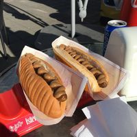 Hot dogs with ketchup, mustard and onions  at Akureyri Hot Dog Stand in Akureyri