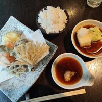 Agedashi tofu, vegetable tempura with dipping sauce and rice at Etsu in Liverpool