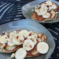 Her signature, delicious banana pancakes with roasted hazelnuts, super fluffy at Vegan B&B Valkenbos in The Hague