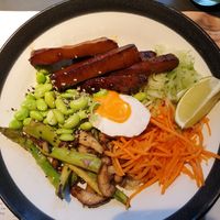 Rice with asparagus, edamame, seitan and vegan egg at Wagamama in Liverpool