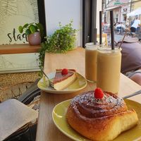 Cheese cake, cinnamon bun and iced latte with espresso shot :) at Stadtproviant in Bamberg