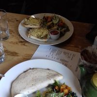Quesadilla and salad (vegan), with vegan haggis rarebit in background at The Smiddy Bistro in Lochgilphead