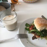 facon breakfast sandwich, banana bread chai latte at Hive Coffee Company in Jarrow