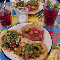 Taco with oyster mushrooms, taco with beans and taco with cactus at Taco Santo in Ghent