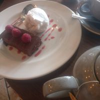 vegan chocolate raspberry torte with vanilla coconut ice cream at The Yews in Leicester