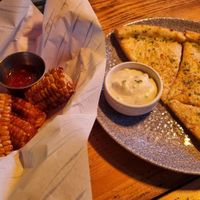 Vg corn ribs and sweet chilli dip;   vg pizza bread at The Shinfield Arms in Reading