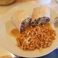 Burger in a wrap, filled with sprouts and mildly curried lentils on the side, tastes go well together, wholesome and healthy at The Sunshine Food Co in Cape Town