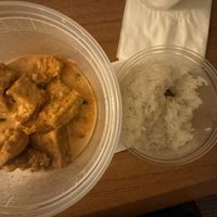 Panang Curry with crispy tofu (extra tofu added for $3) with jasmine rice:  to go…after eating a portion  at Cozy Thai in State College