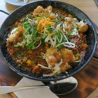 Noodle dish with tempura mushroom at KAIME in Medellin