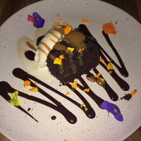 Chocolate cake with coconut ice cream at KAIME in Medellin