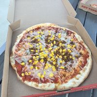 my pizza with vegan cheese, plant-based sausage and corn!   at Mod Pizza in California