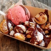 Vegan pancakes with notella and a scoop of strawberry sorbet at Gelato UNOU in Seaford