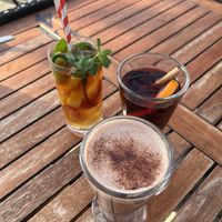 pimm’s cup, warm mold wine, and an almond milk hot chocolate  at The Woodman in North London