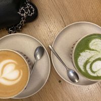 Cafe with Soy milk, Matcha Latte with Oat milk  at Religion Coffee in Madrid