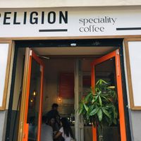 From outside at Religion Coffee in Madrid