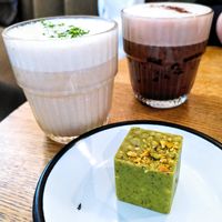 Pistachio Latte + Chocolate Chaga + Matcha Pop Cube at Wild & The Moon - Amelot in Paris