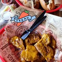 Seitan wings with moonshine sauce and seitan bbq “jack” sandwich  at Spinners Pizza & Subs in Albany