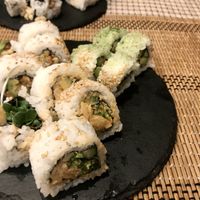 Tasting plate with natto, green tea and some spicy rolls  at Sushi Roll Double Quotation IKI in Osaka