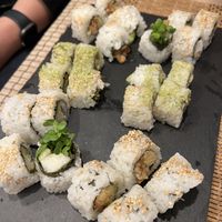 2 sets of chef recommendation. Top right: yam rolls, middle: green tea rolls, bottom: crispy natto. #Veganuary at Sushi Roll Double Quotation IKI in Osaka
