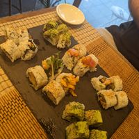 Vegetarian sushi on bottom, non veggie on top at Sushi Roll Double Quotation IKI in Osaka