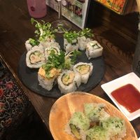 3 roll combo and avocado and green tea rolls at Sushi Roll Double Quotation IKI in Osaka