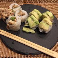 Natto (fried soy bean) and avocado rolls at Sushi Roll Double Quotation IKI in Osaka