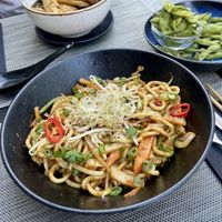 Kimchi Ramen (vegan option)  and in the background vegan mushroom soup   at Gorilla in Lagos