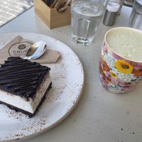 Cake and matcha latte at Crumb in Crete