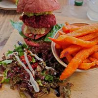 Beetroot burger with sweet patatoo fries at Crumb in Crete