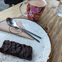 Vegan snickers bar and vegan hot chocolate at Crumb in Crete