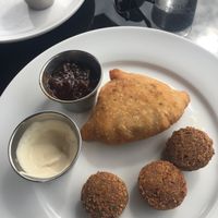 Falafel. Samosa with tahini and tamarind sauce - vegan  at The Shanty Cafe in Yarmouth