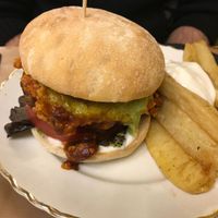 Vegan burguer with fries and allioli at TxuKrut Bar in Bilbao