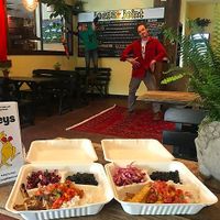 Namaste bowl with coconut curry baked tofu, carrot cabbage slaw, pico de gallo, and seasoned rice and beans. at Joey's Joint in Eastham