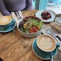 coffee, bowl with black rice, banana bread  at EatMyTrip  in Barcelona