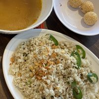 Gluten-free fried rice, Spicy lemongrass broth, sesame balls  at DD MAU in Maryland Heights