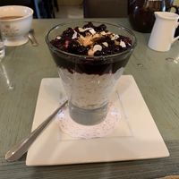 Amazing coconut brown rice pudding with fruit compote! at Harney & Sons in Millerton