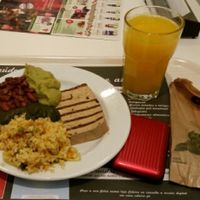 Grilled tofu, brown rice, brocoli cream, spinach cream and beans at Celeiro - Republica in Lisbon