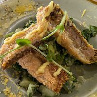 Green bowl with jackfruit snitzel, yuzu balls and noosch! at The Hummingbird Waterside Cafe in Mandurah