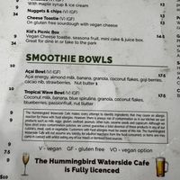 Vegan children’s menu  at The Hummingbird Waterside Cafe in Mandurah