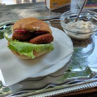 Oat burger and French salad. at Napfenyes Cukraszat - Bajcsy Zsilinszky in Budapest