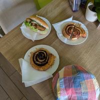 Carob swirl, cinnamon swirl and seitan fritter sandwich at Napfenyes Cukraszat - Bajcsy Zsilinszky in Budapest