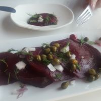 Savory, flavorful beet carpaccio with fresh dill & almond ricotta. Need to go back fo this! at Celesta in Milwaukee