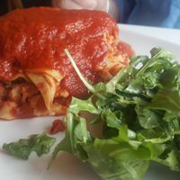 Lasagna with rosemary sage seitan & arugala salad at Celesta in Milwaukee